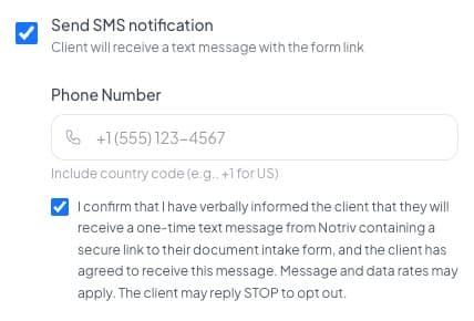 Screenshot of the SMS opt-in consent checkbox on the Notriv platform